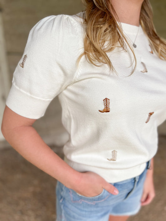 Embroidered Cowboy Boot Top - Cream