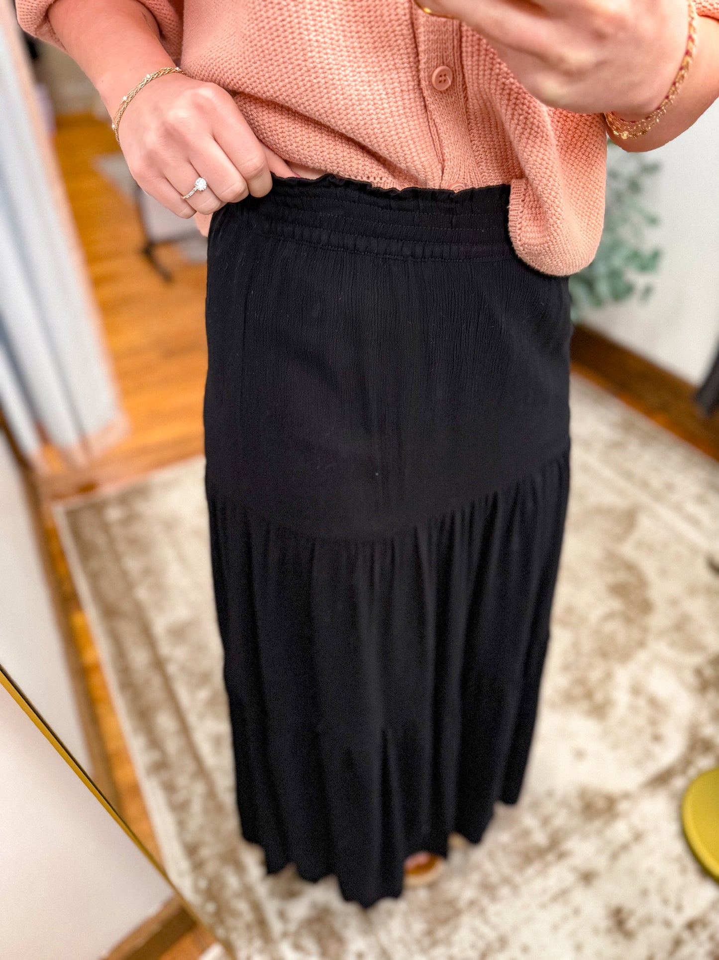 Smocked Waist Tiered Skirt - Black