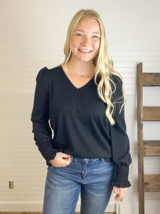 Puff Sleeve V-Neck Top - Black