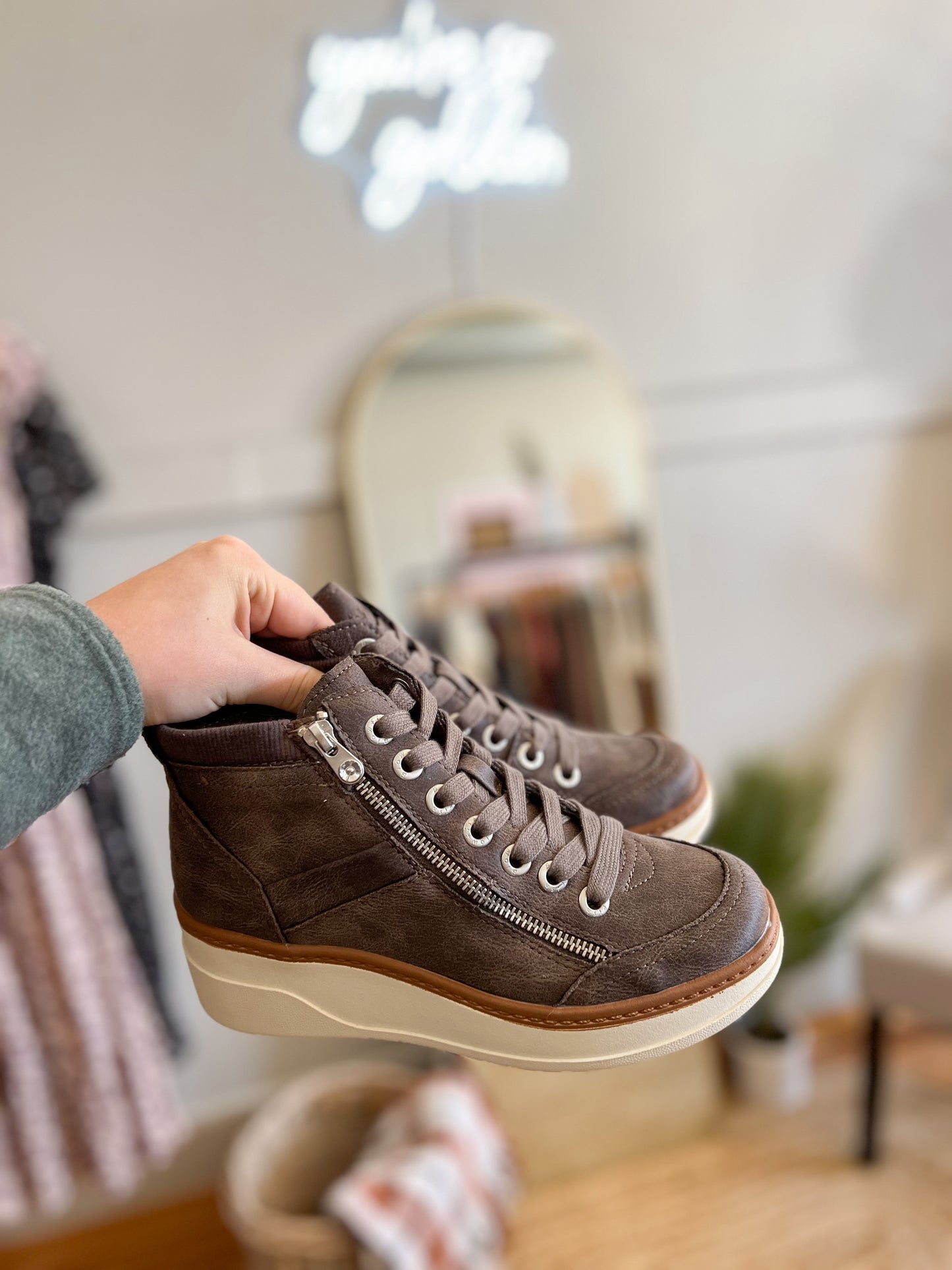 Zipper Wedge Sneaker - Gray Mocha