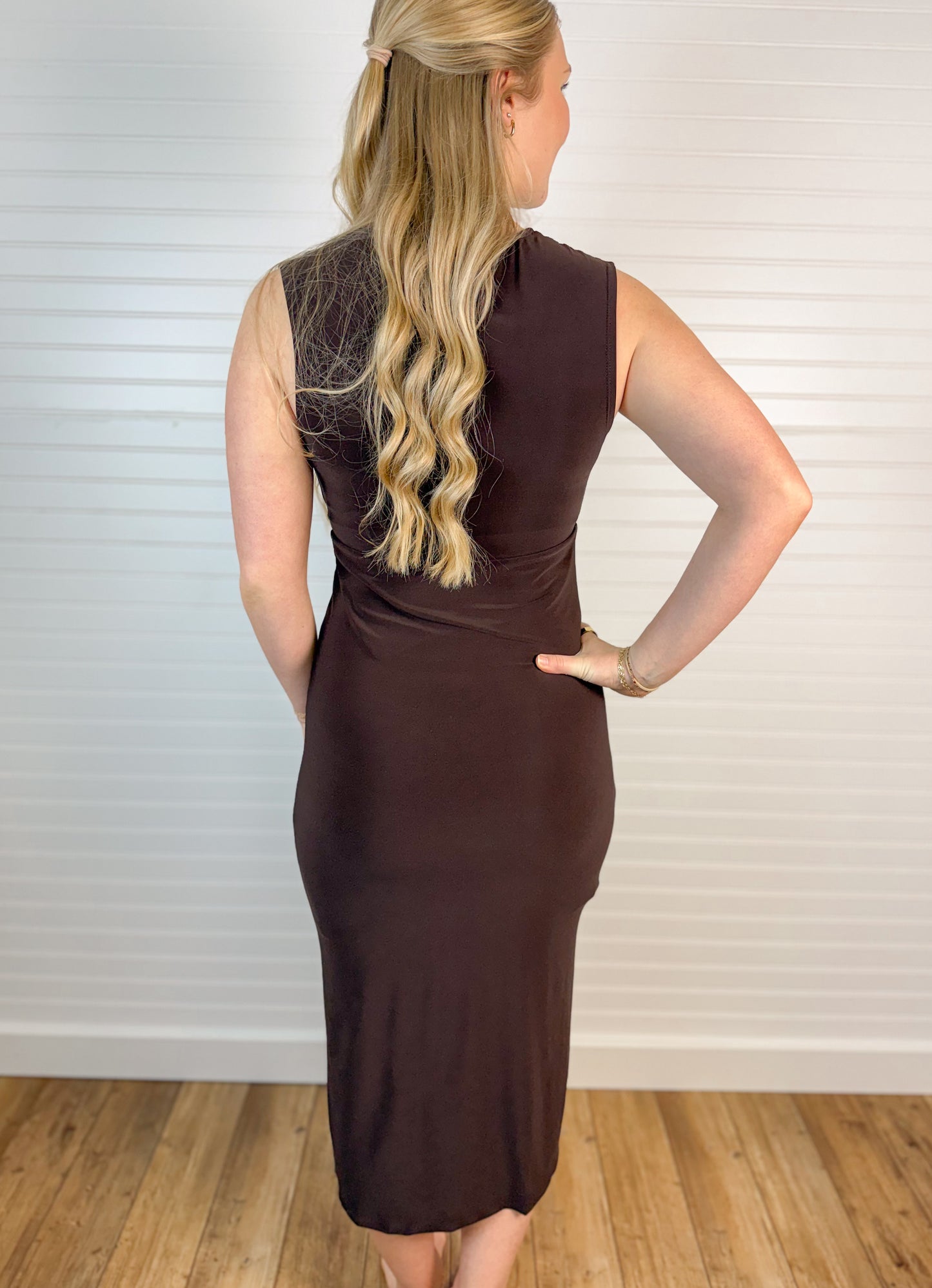 V-Neck Surplice Pleated Midi Dress - Brown