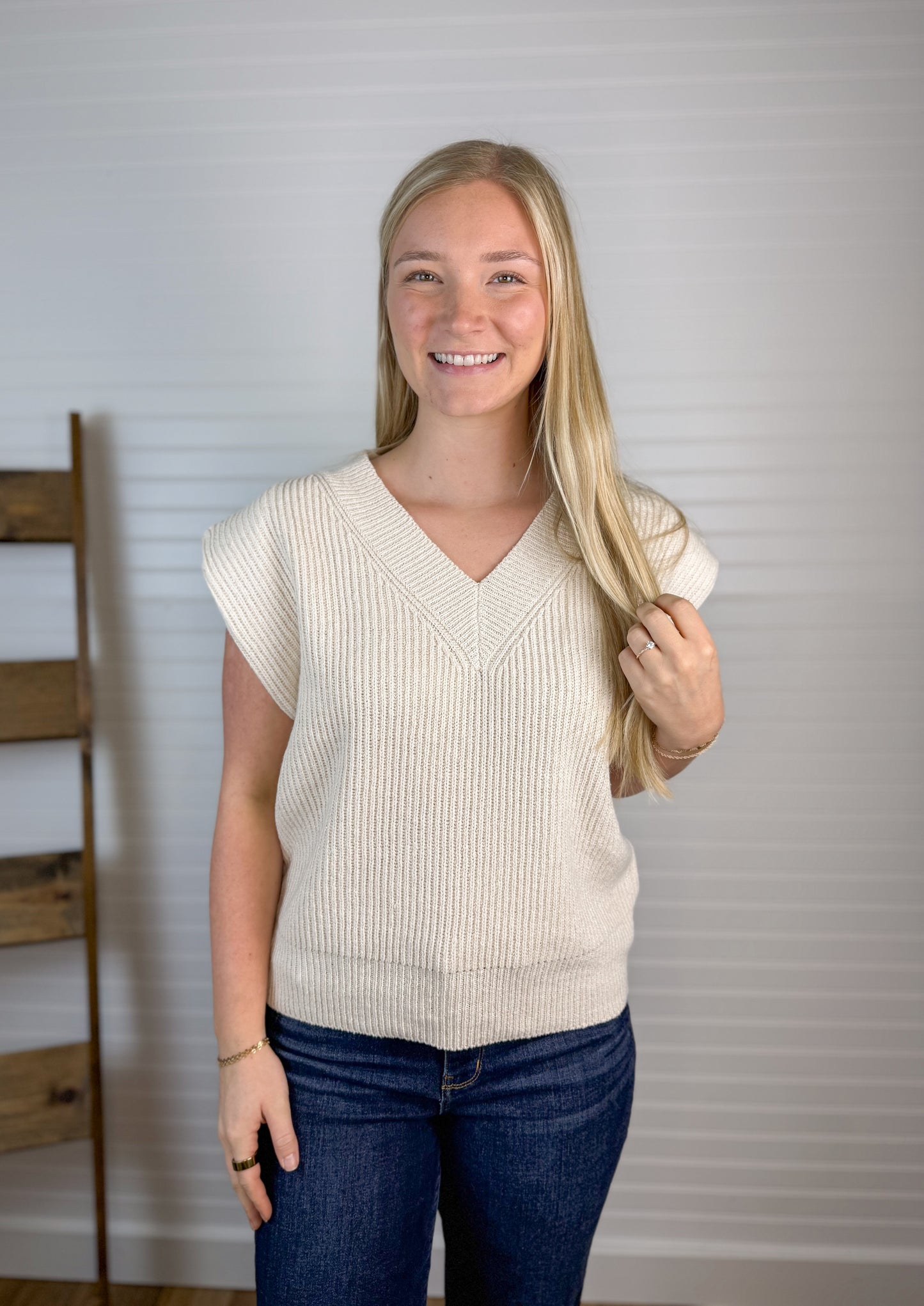 V-Neck Knit Sweater Vest - Cream