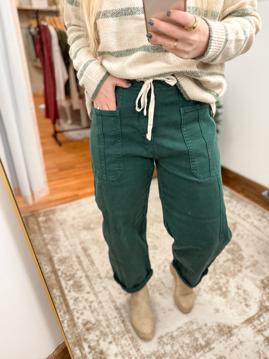 High Rise Crop Wide Barrel Cuffed Denim - Hunter