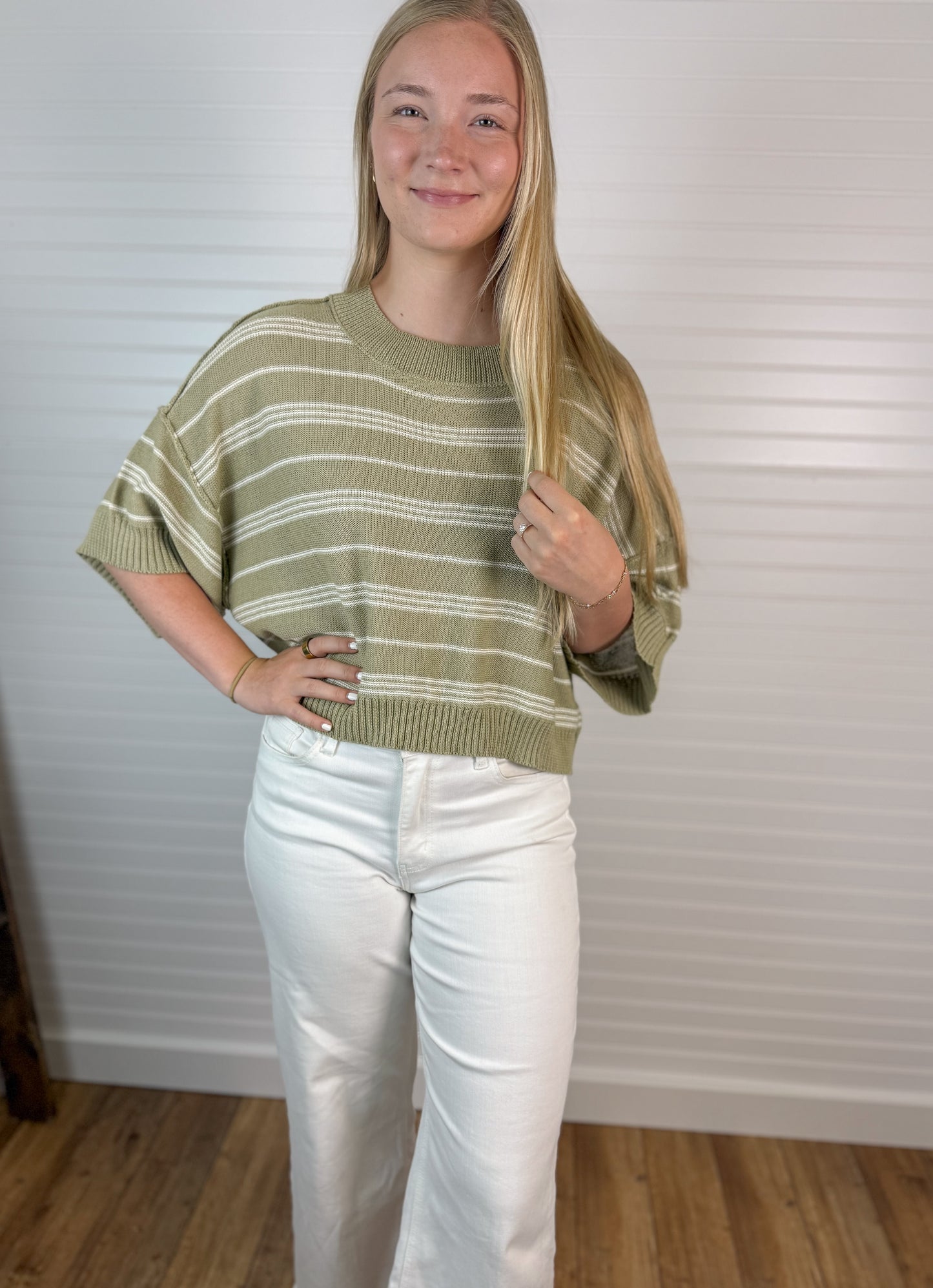 Relaxed Stripe Knit Short Sleeve - Dusty Olive