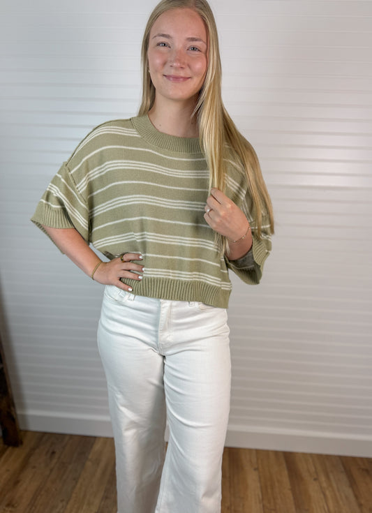 Relaxed Stripe Knit Short Sleeve - Dusty Olive