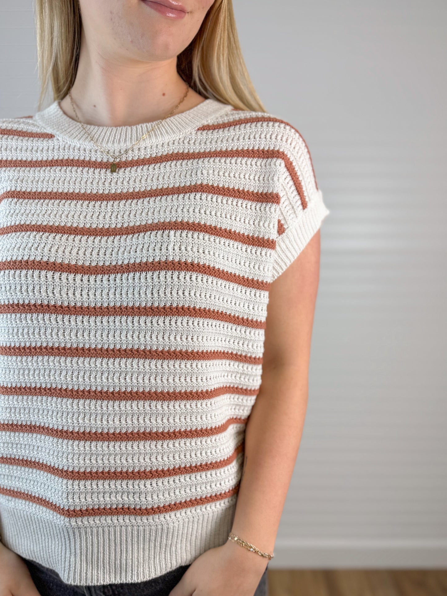 Striped Crochet Knit Cap Sleeves - Terracotta