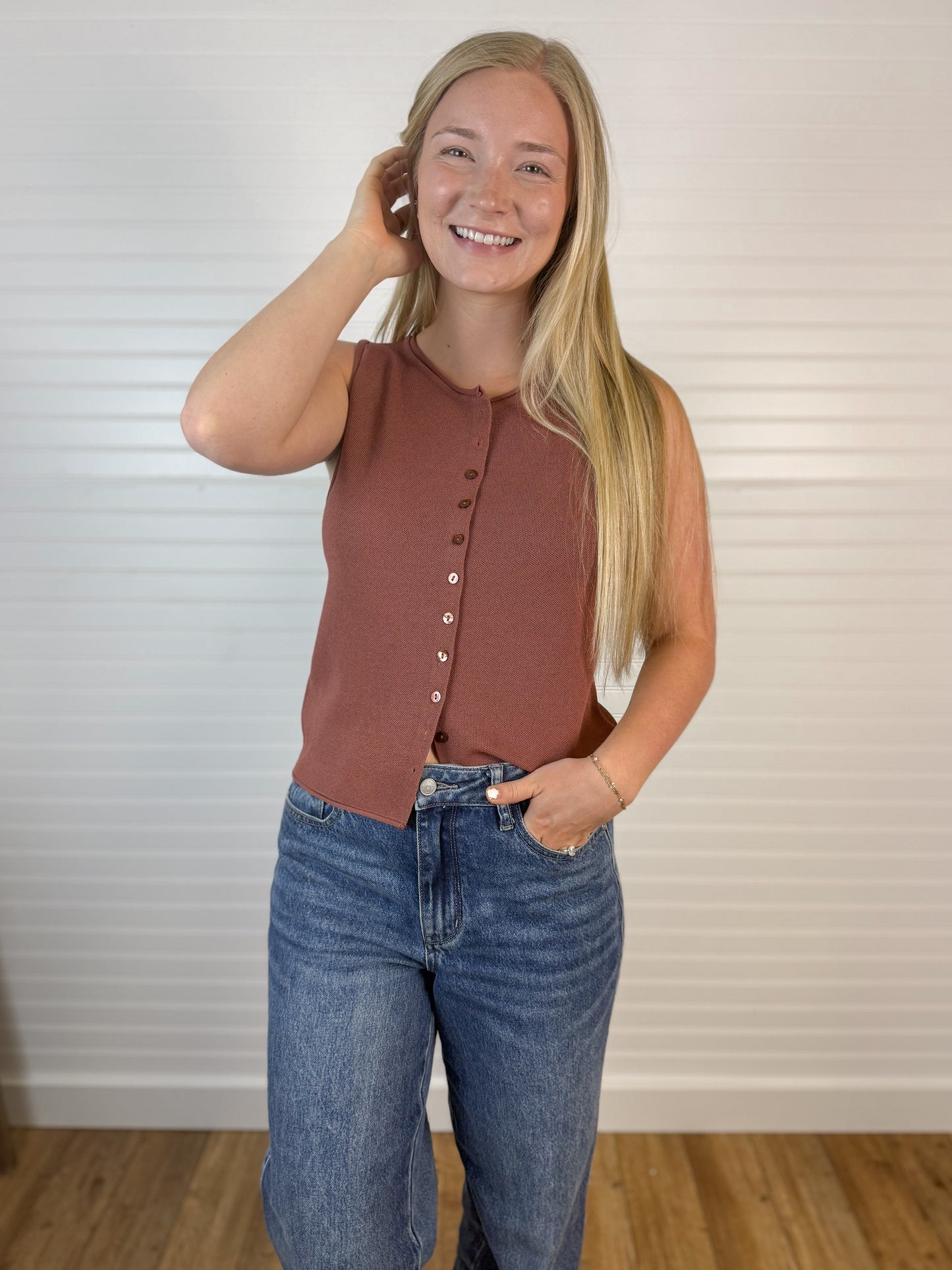 Rolled Hem Button Up Sweater Top - Terracotta