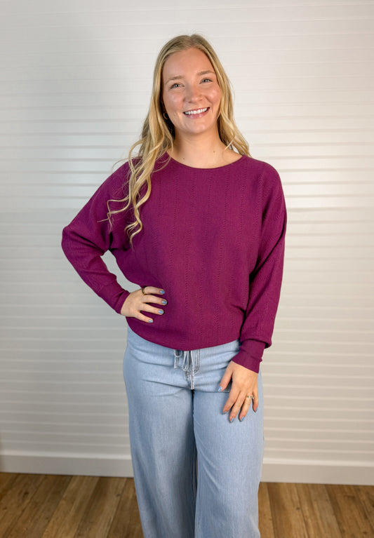 Textured Dolman Boat Neck Top - Plum