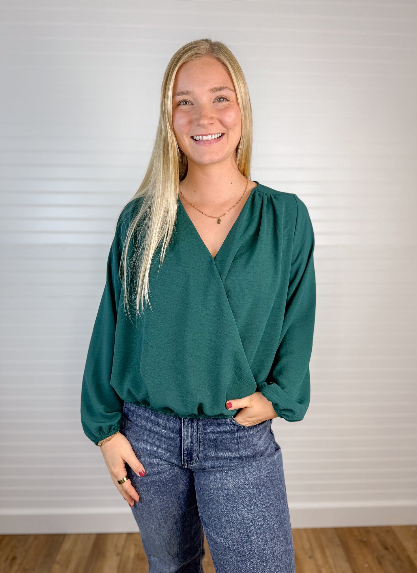 Surplice Long Sleeve Blouse - Hunter Green