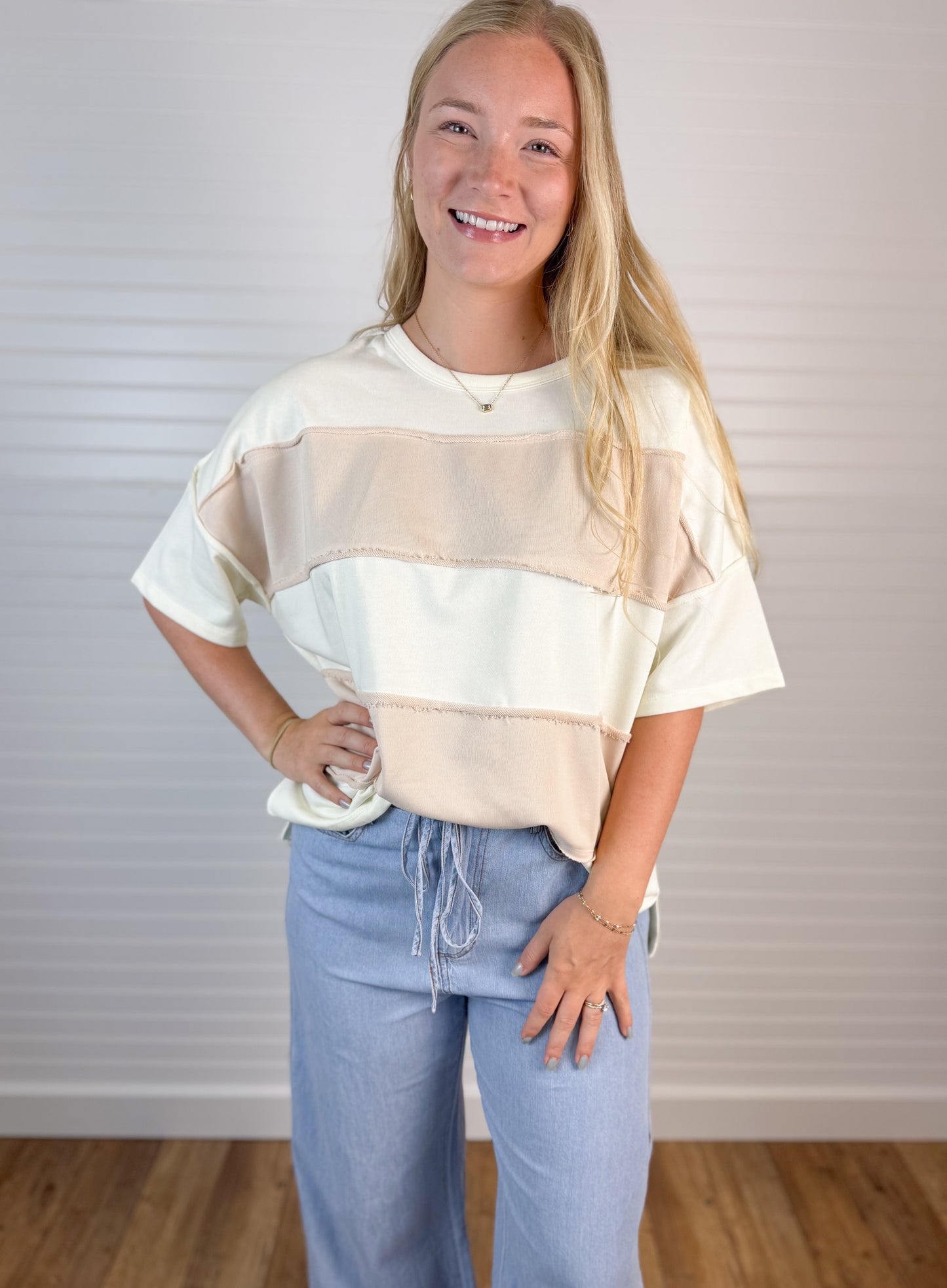 Raw Edge Color Block Tee - Ivory/Cream