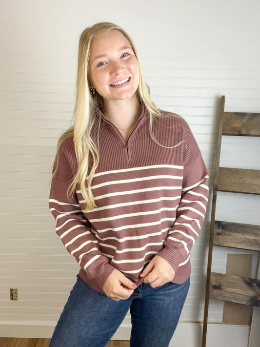 Half Zip Striped Pullover - Red Bean/Cream