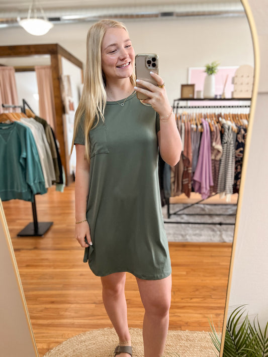 Front Pocket Short Sleeve Dress - Army Green