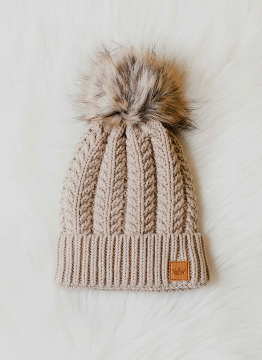 Cable Knit Pom Hat - Tan