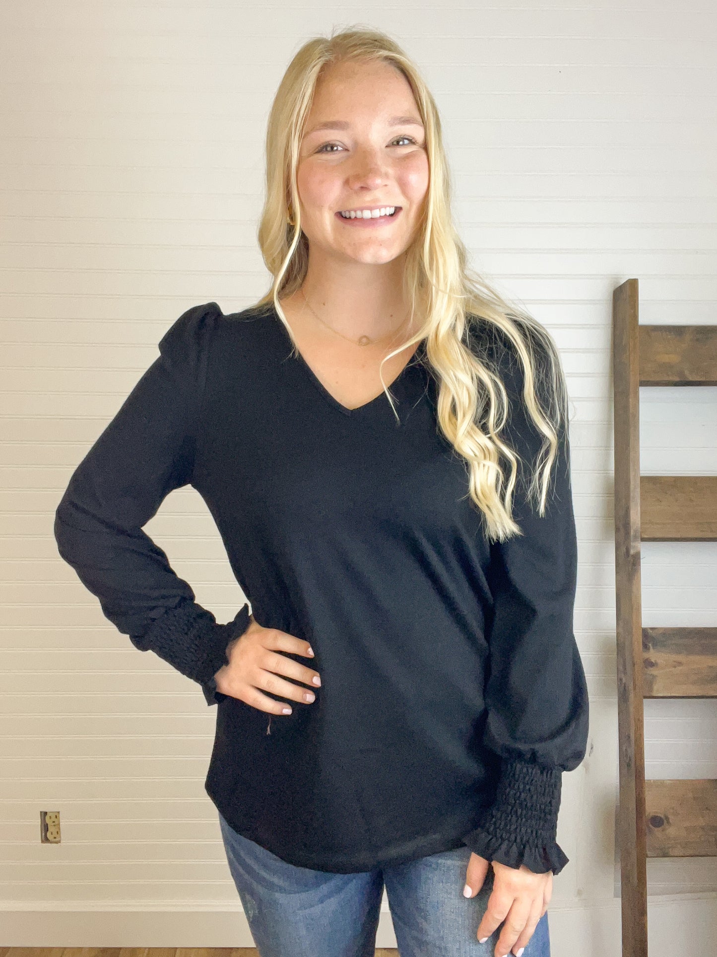 Puff Sleeve V-Neck Top - Black