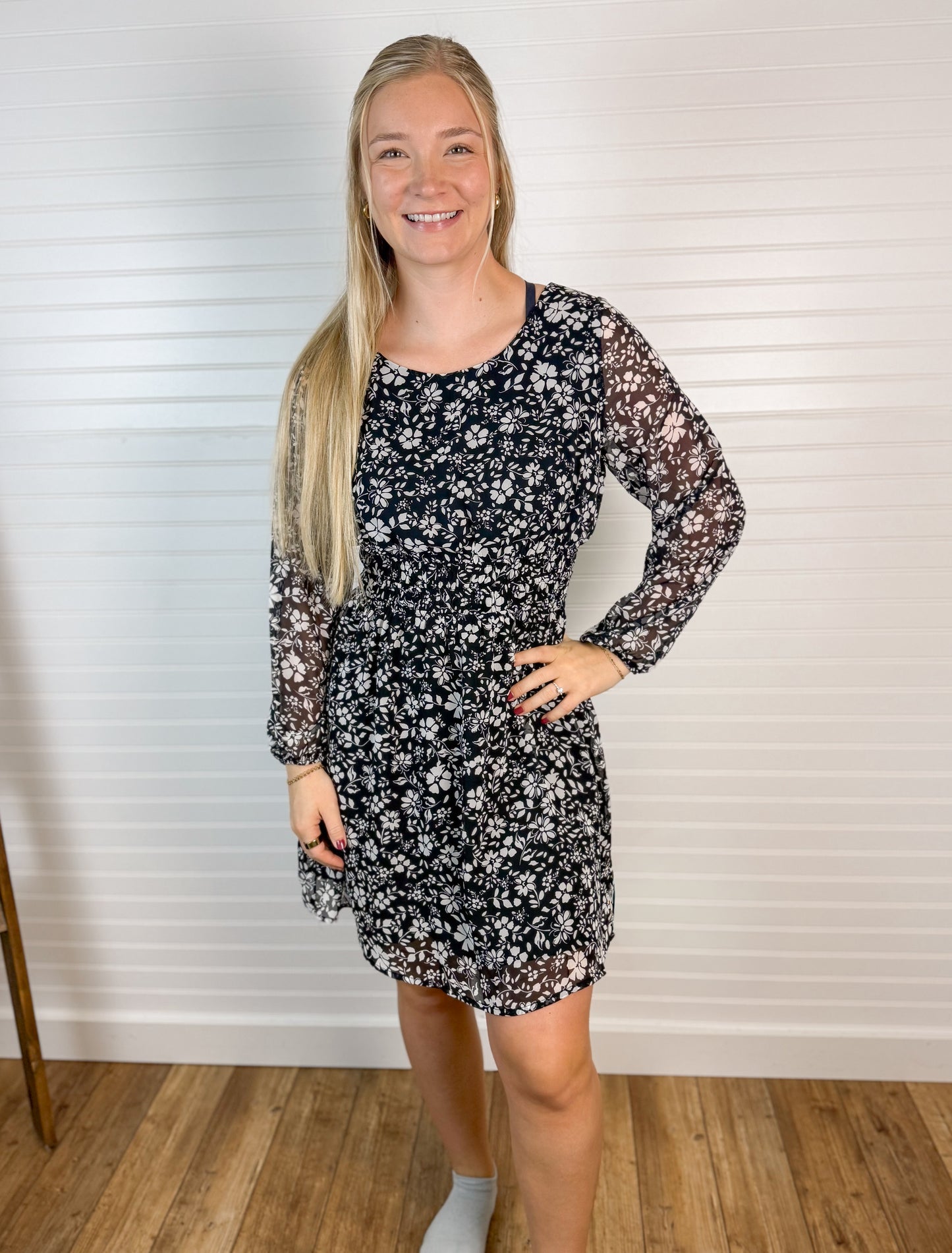 Long Sleeve Floral Mini Dress - Black/Ivory
