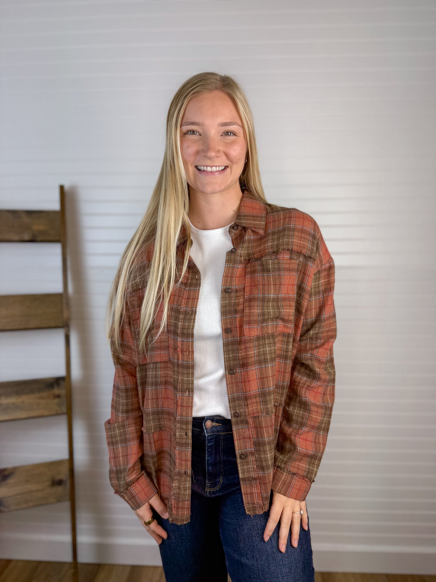 Button Down Washed Plaid Flannel - Rust