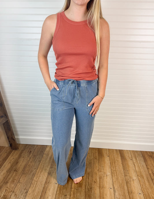 Knit Denim Wide Leg Pull On Pants