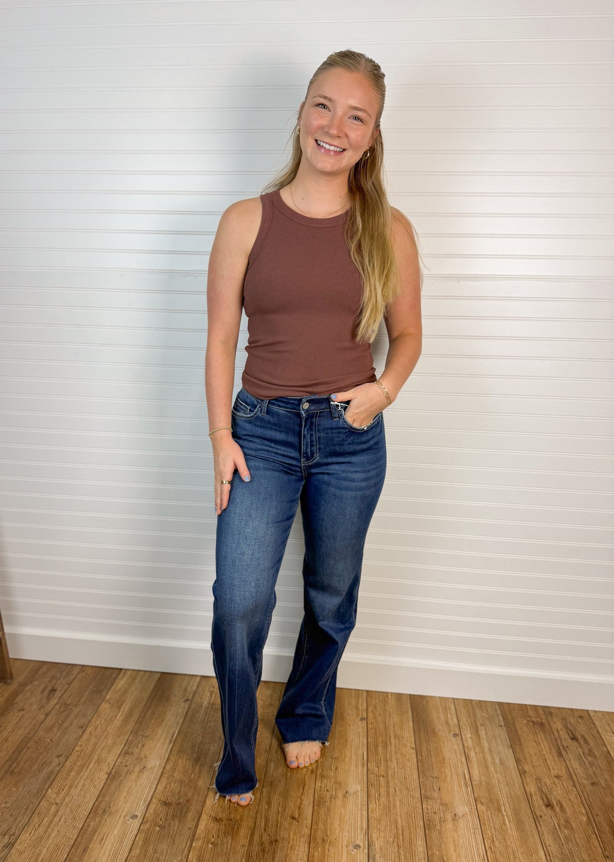 High Rise Raw Hem Wide Leg Denim - Dark Wash