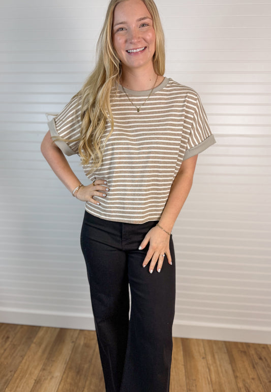 Contrast Ribbed Stripe Knit Top - Taupe