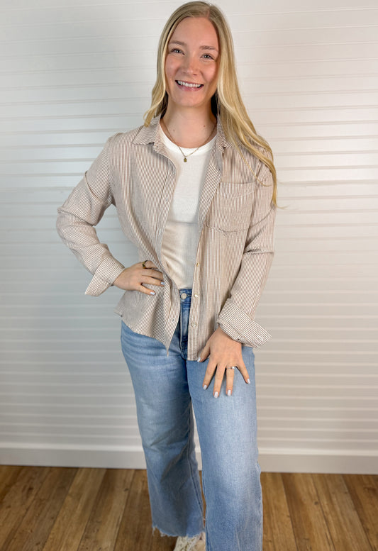 Linen Blend Stripe Relaxed Top - Mocha