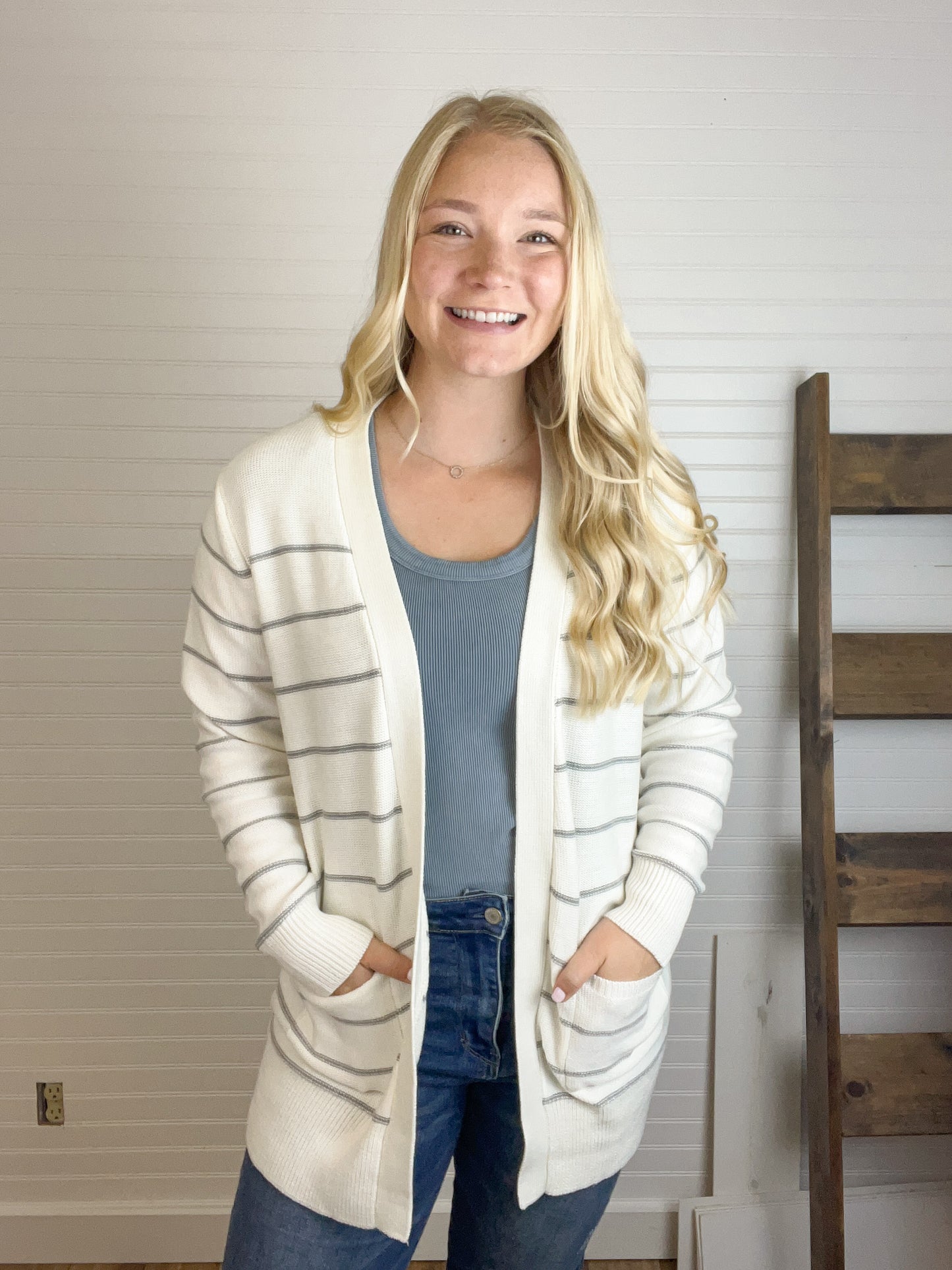 Striped Relaxed Fit Cardigan - Cream