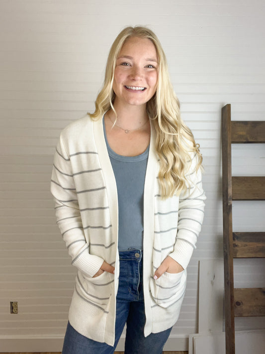 Striped Relaxed Fit Cardigan - Cream