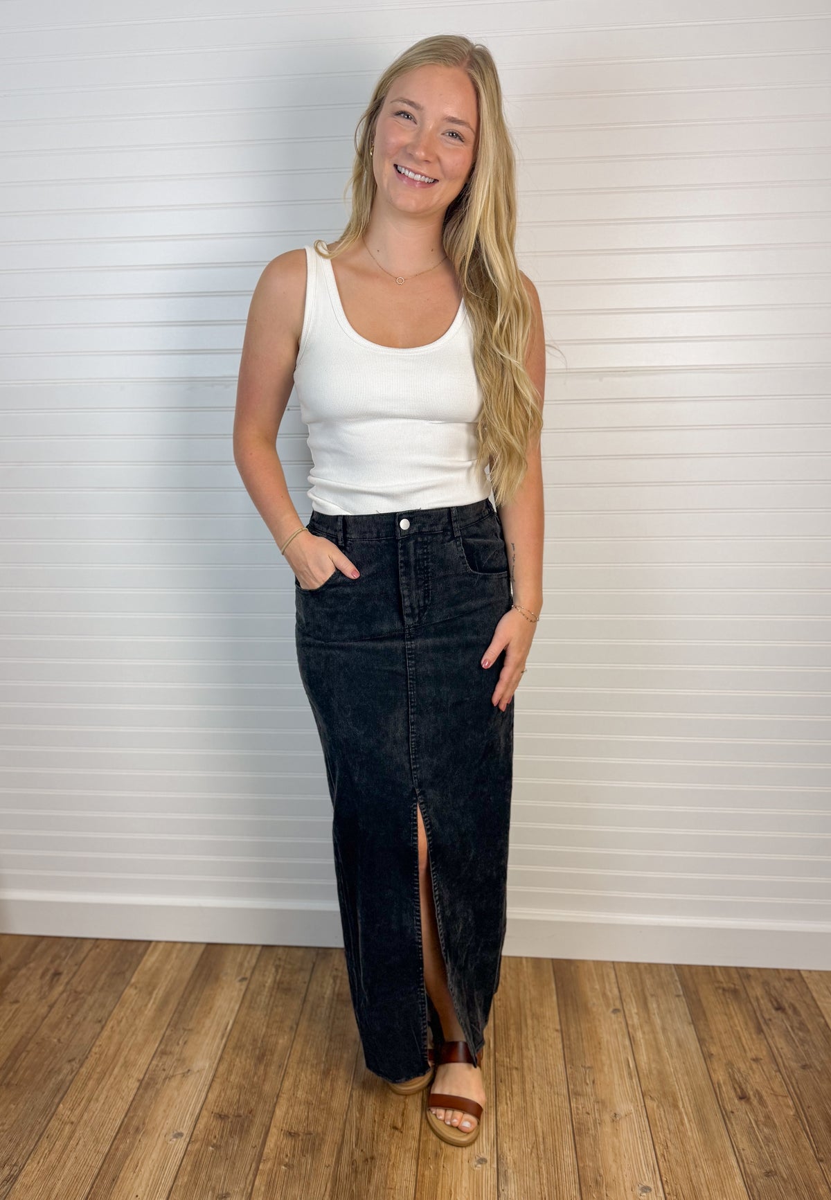 Washed Cotton Corduroy Skirt  - Black