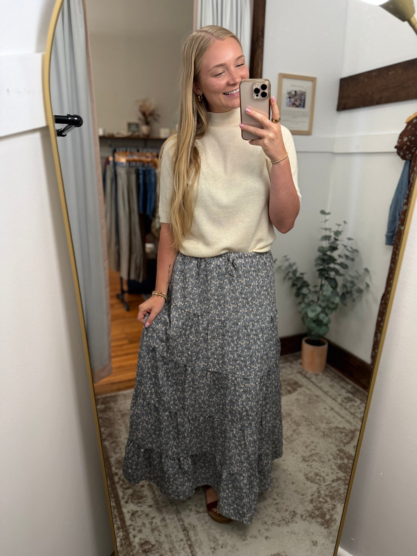 Textured Tiered Floral Skirt - Light Blue