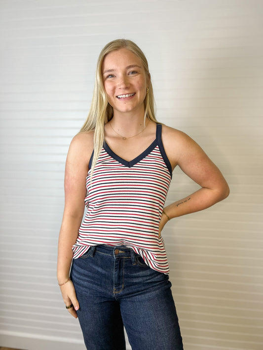 Striped Ribbed V-Neck Tank - Red/Navy