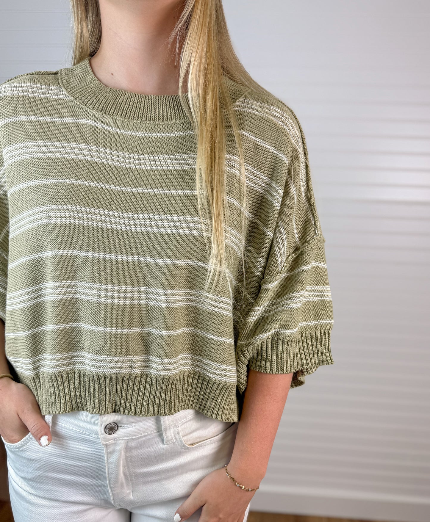 Relaxed Stripe Knit Short Sleeve - Dusty Olive