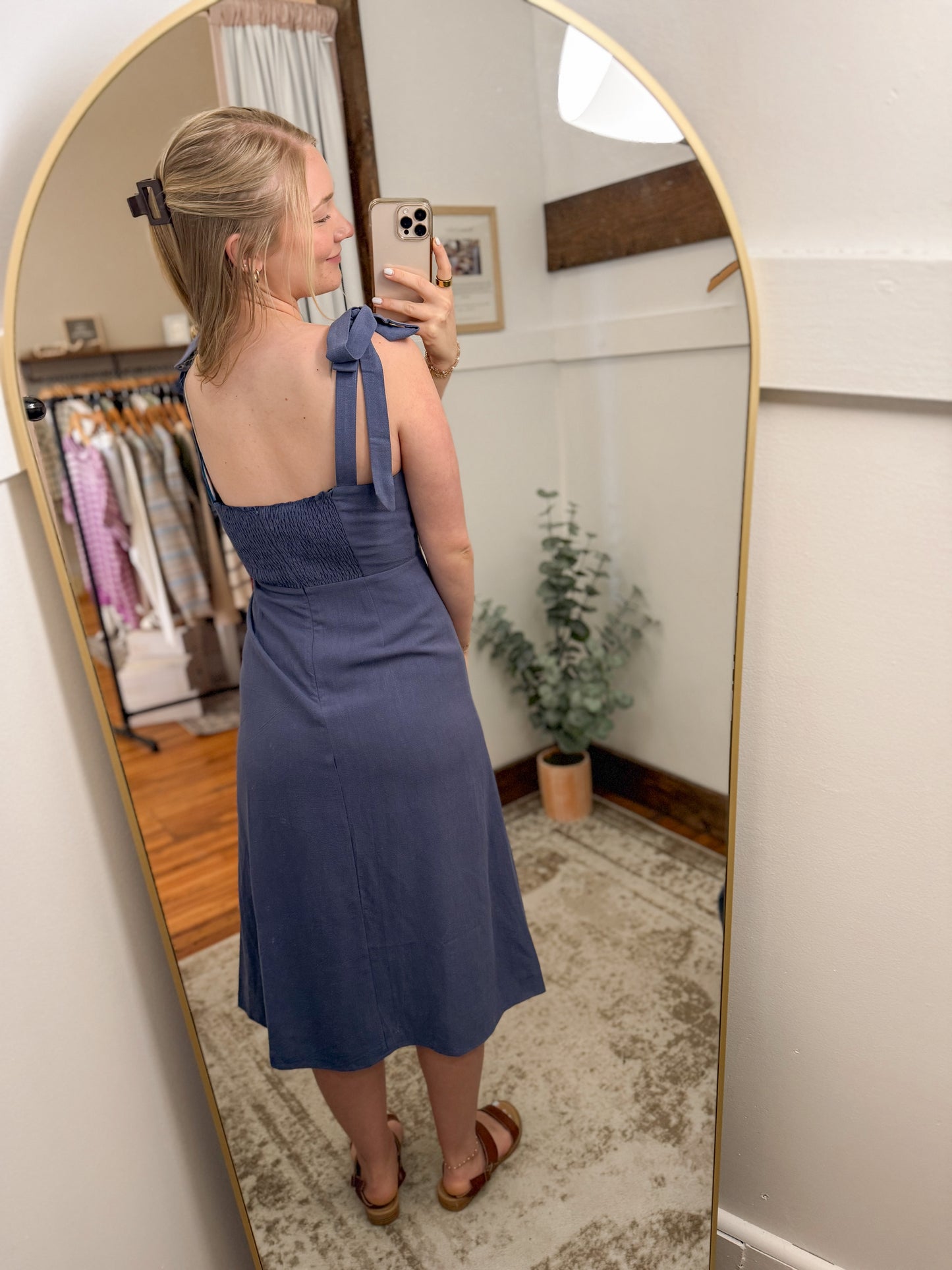 Square Neck Tie Strap Midi Dress - Dusty Blue