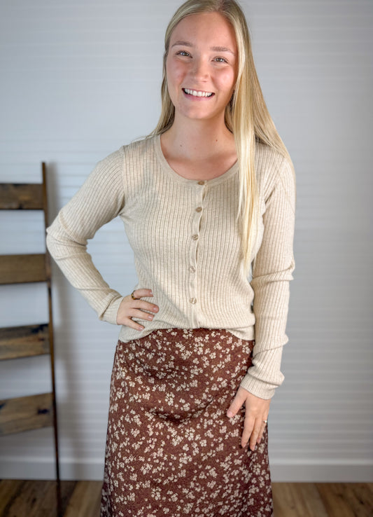 Ribbed Button Down Cardigan - Sand