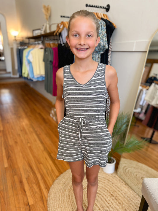 Girls Drawstring Romper - Black/White