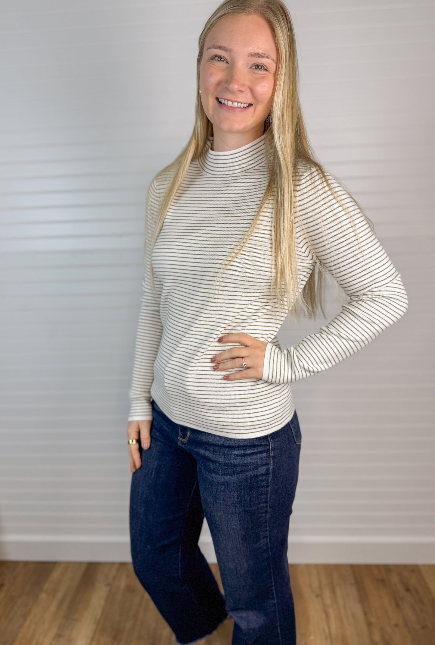 Pinstriped Knit Mock Neck - Ivory/Olive