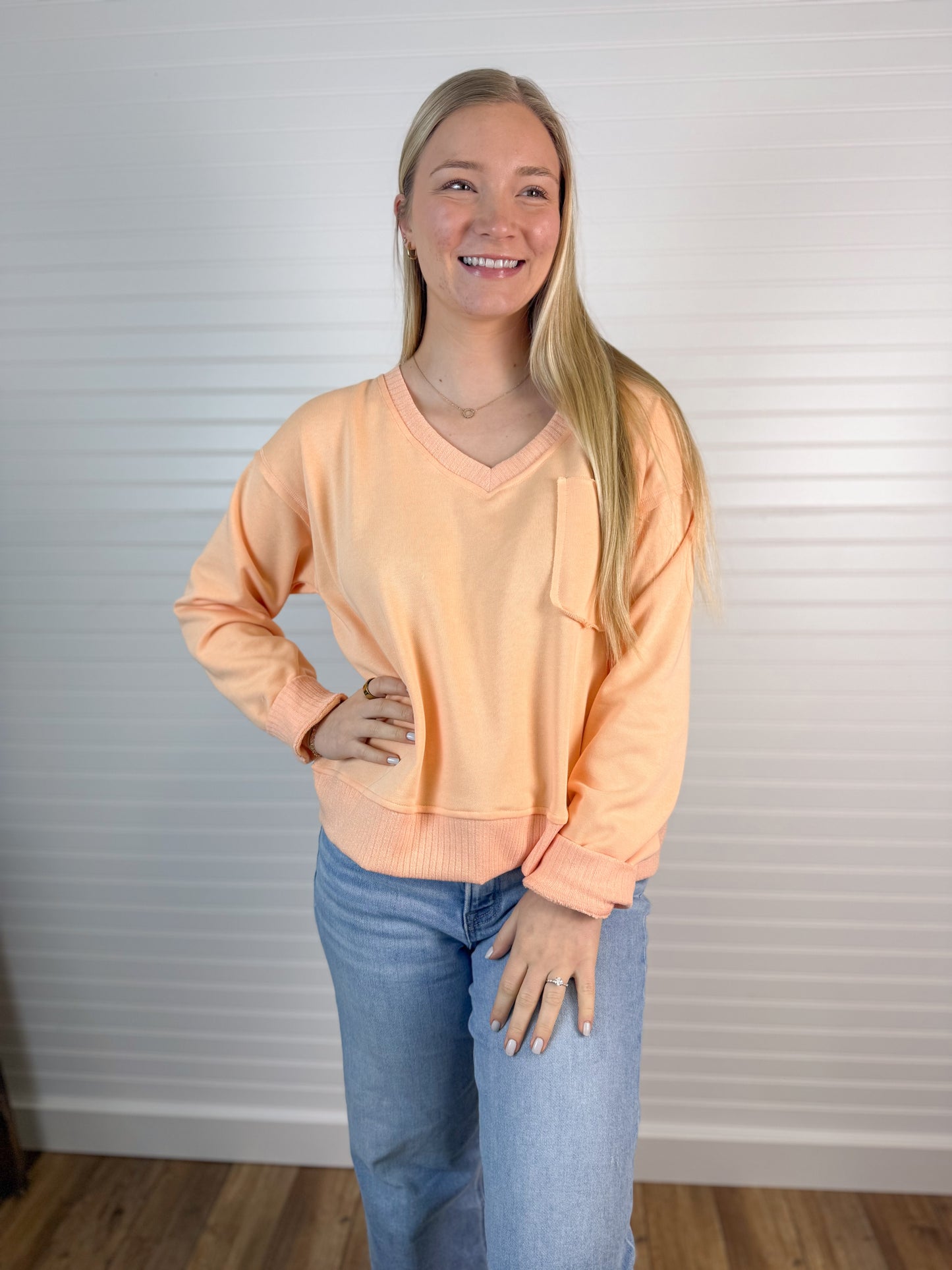 V-Neck Front Pocket Pullover - Peach