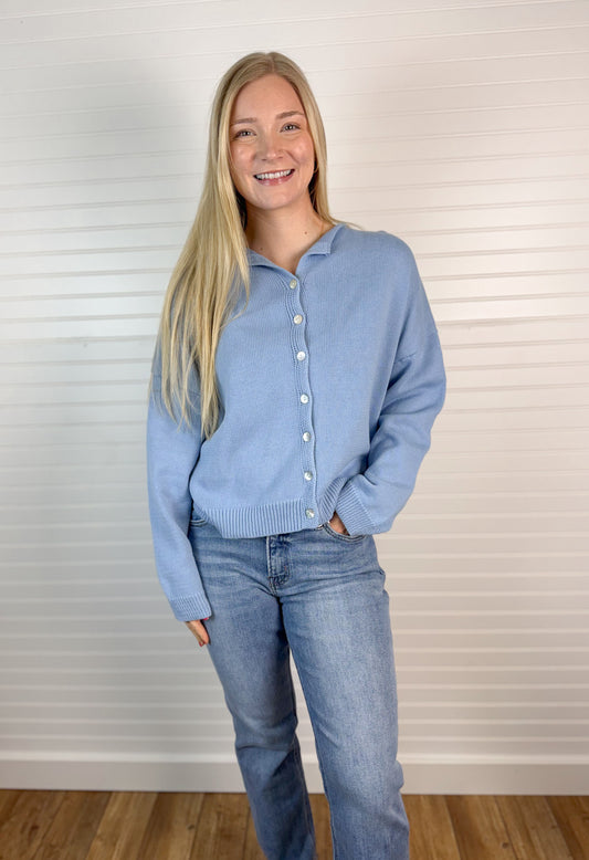 Rolled Hemline Sweater Cardigan - Blue