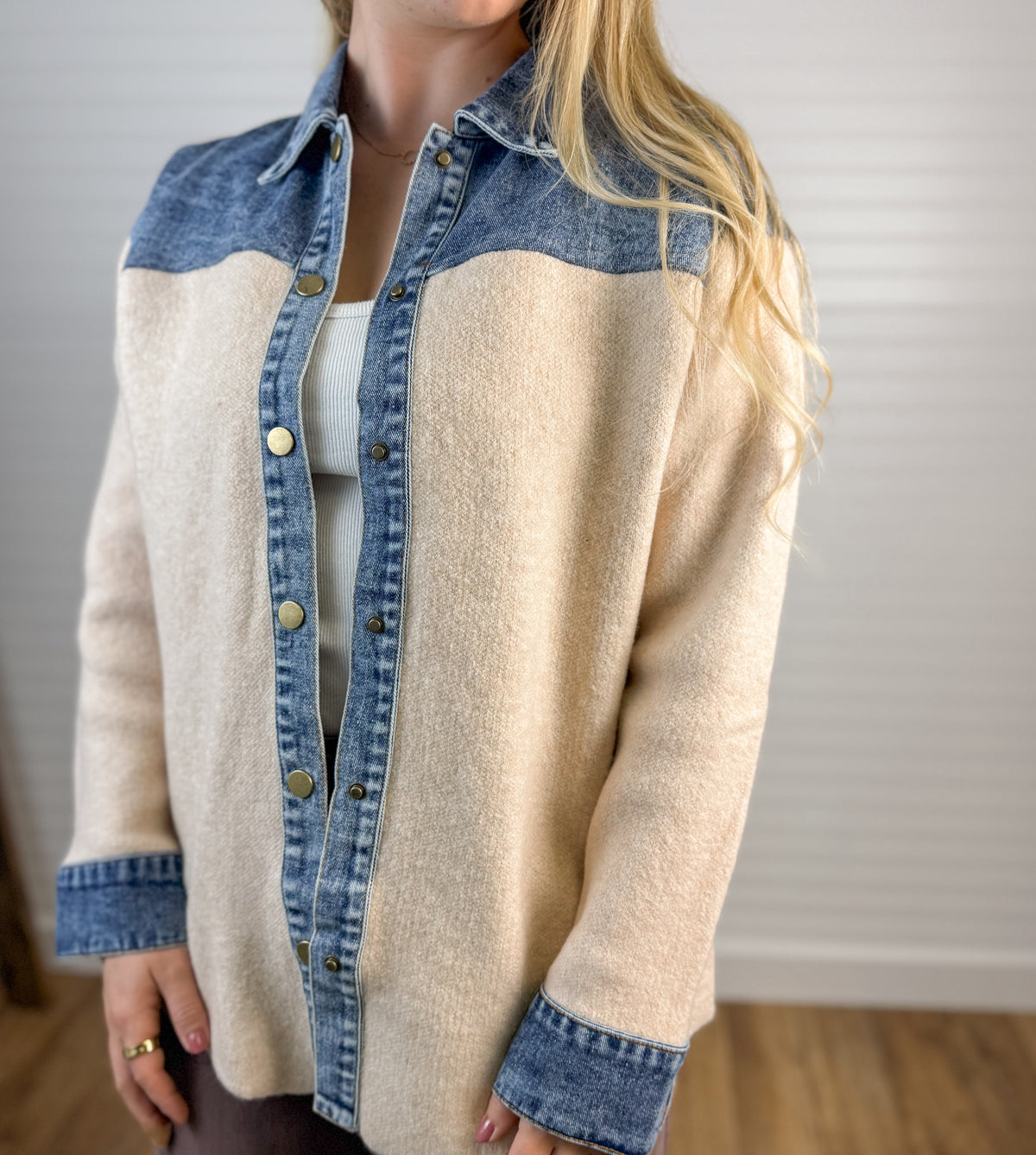 Denim Mixed Material Sweater Jacket