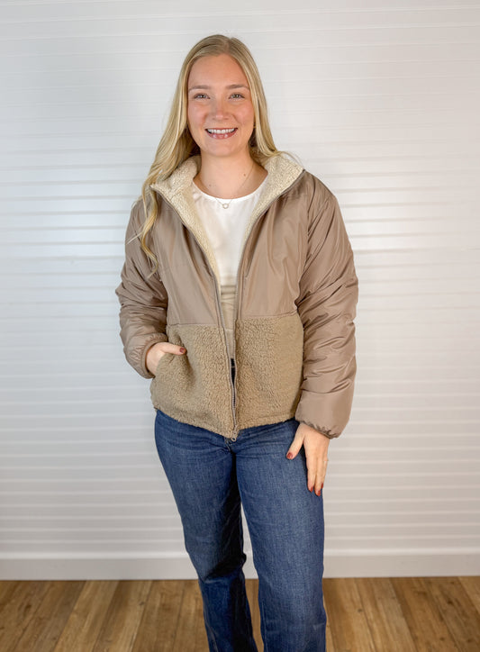 Reversible Sherpa Puffer Coat - Mocha
