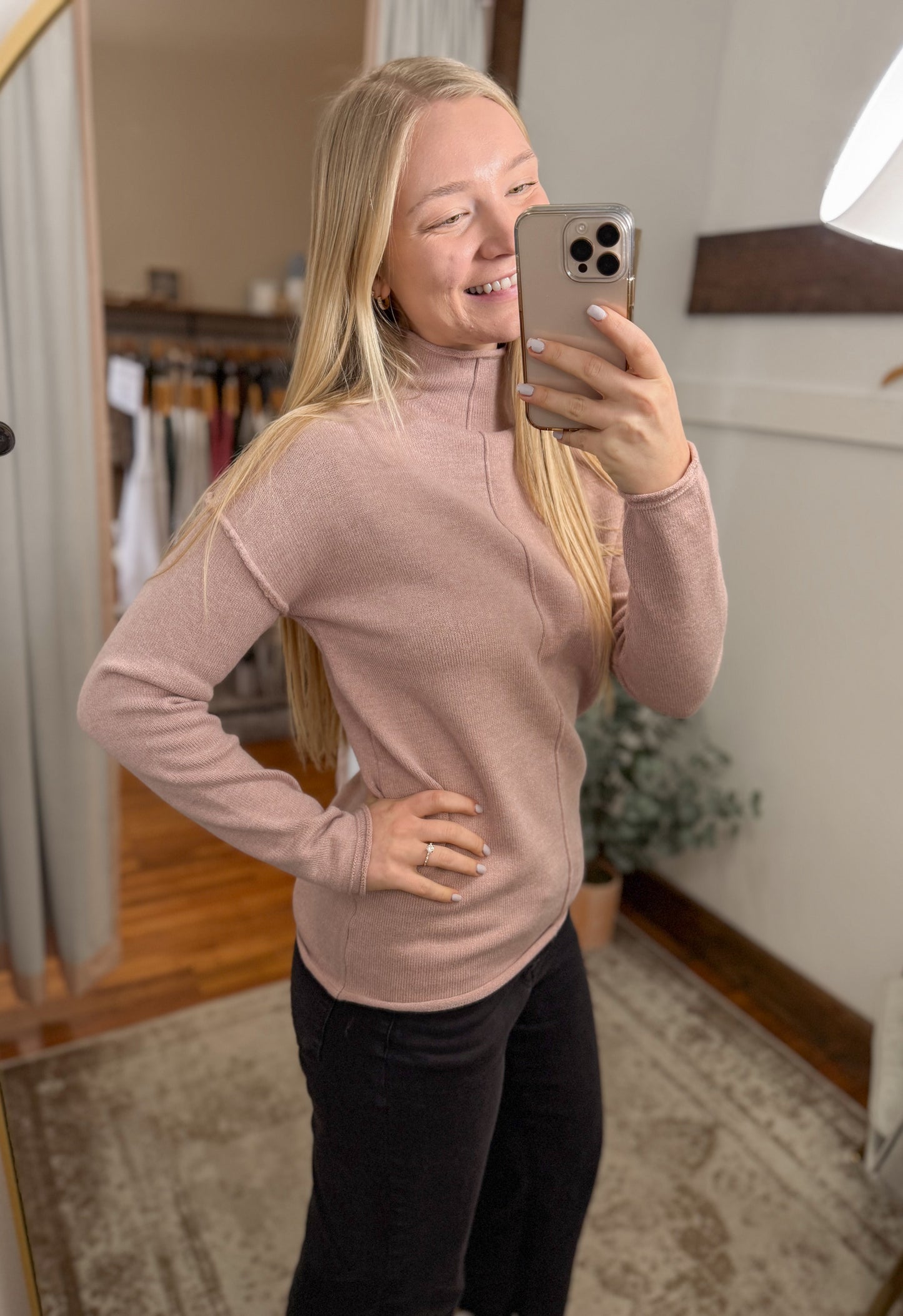 Funnel Neck Raw Edge Sweater - Blush
