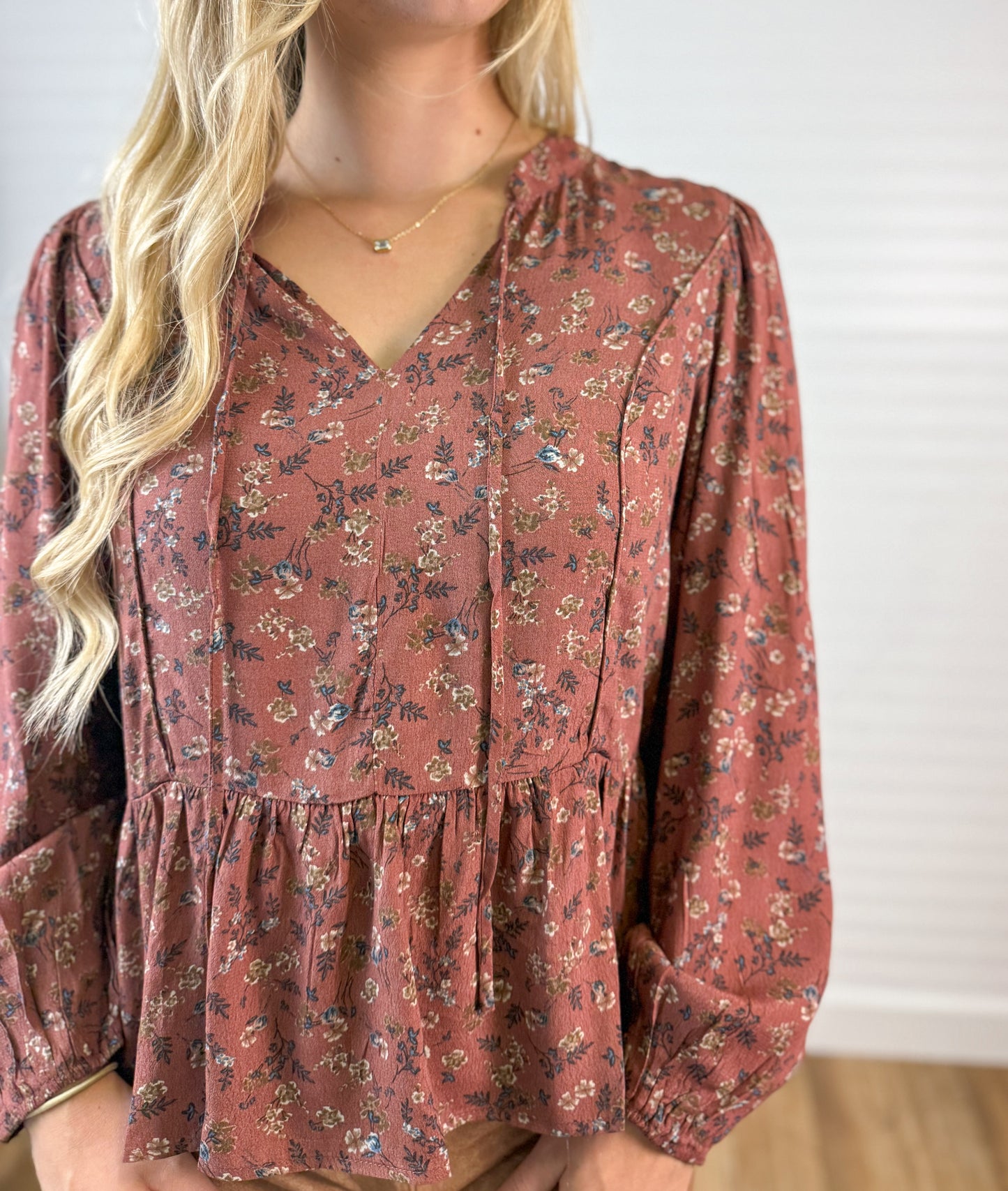 Floral Print V-Neck Blouse Top - Terracotta