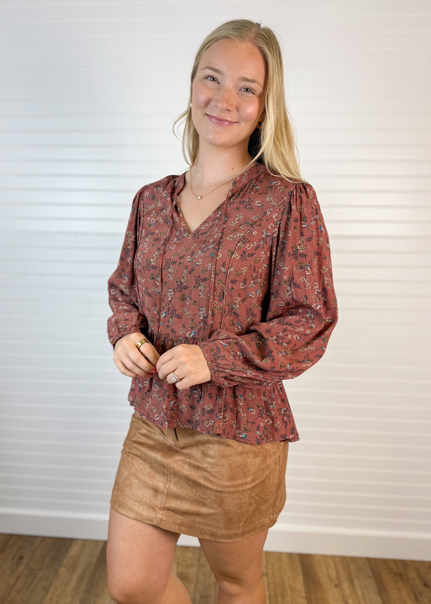 Floral Print V-Neck Blouse Top - Terracotta