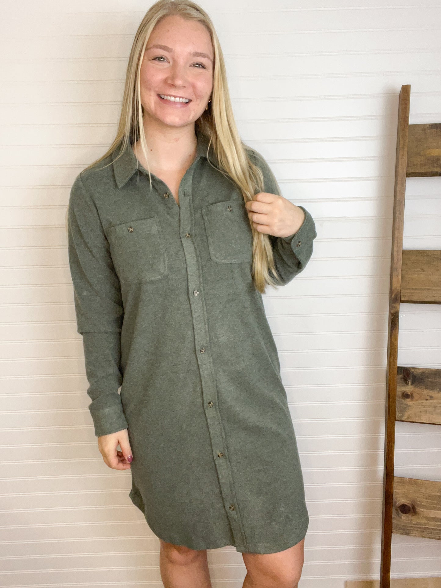 Leslie Soft Button Down Dress - Heather Olive