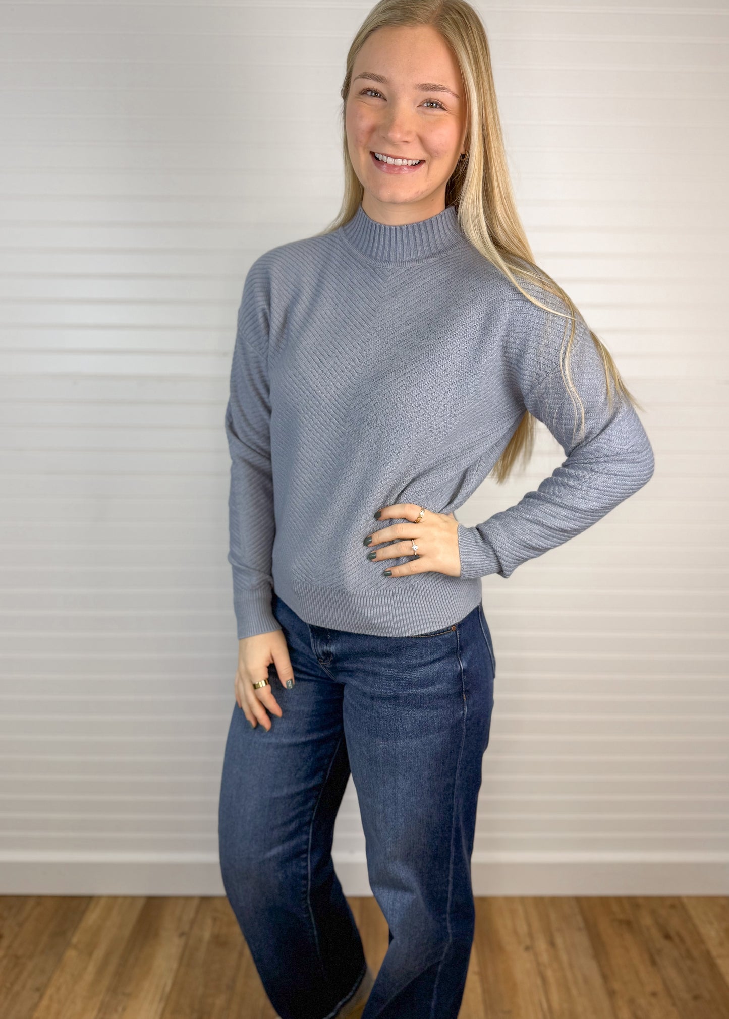 Ribbed Mock Neck Sweater - Cloud Blue