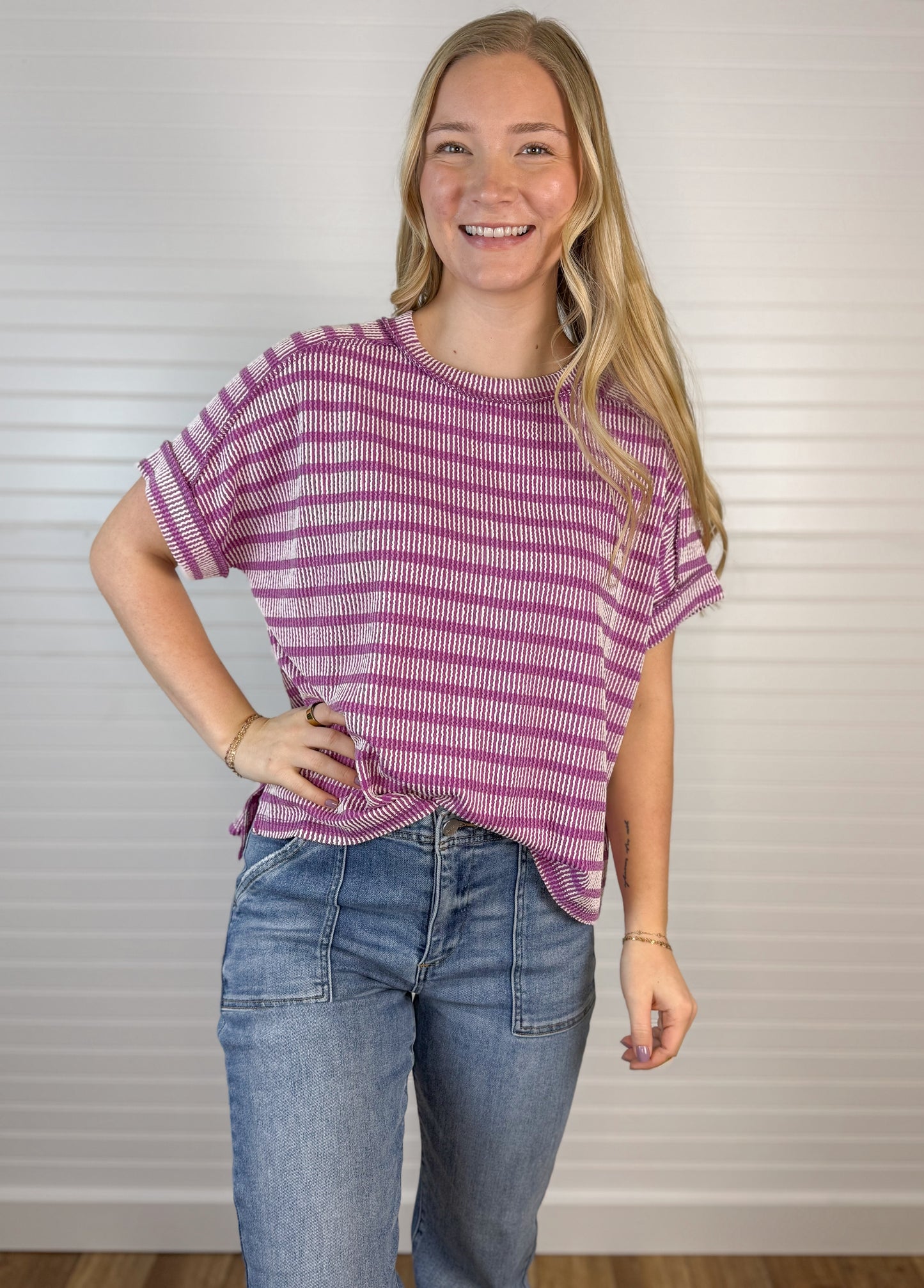 Raised Rib Striped Short Sleeve - Plum