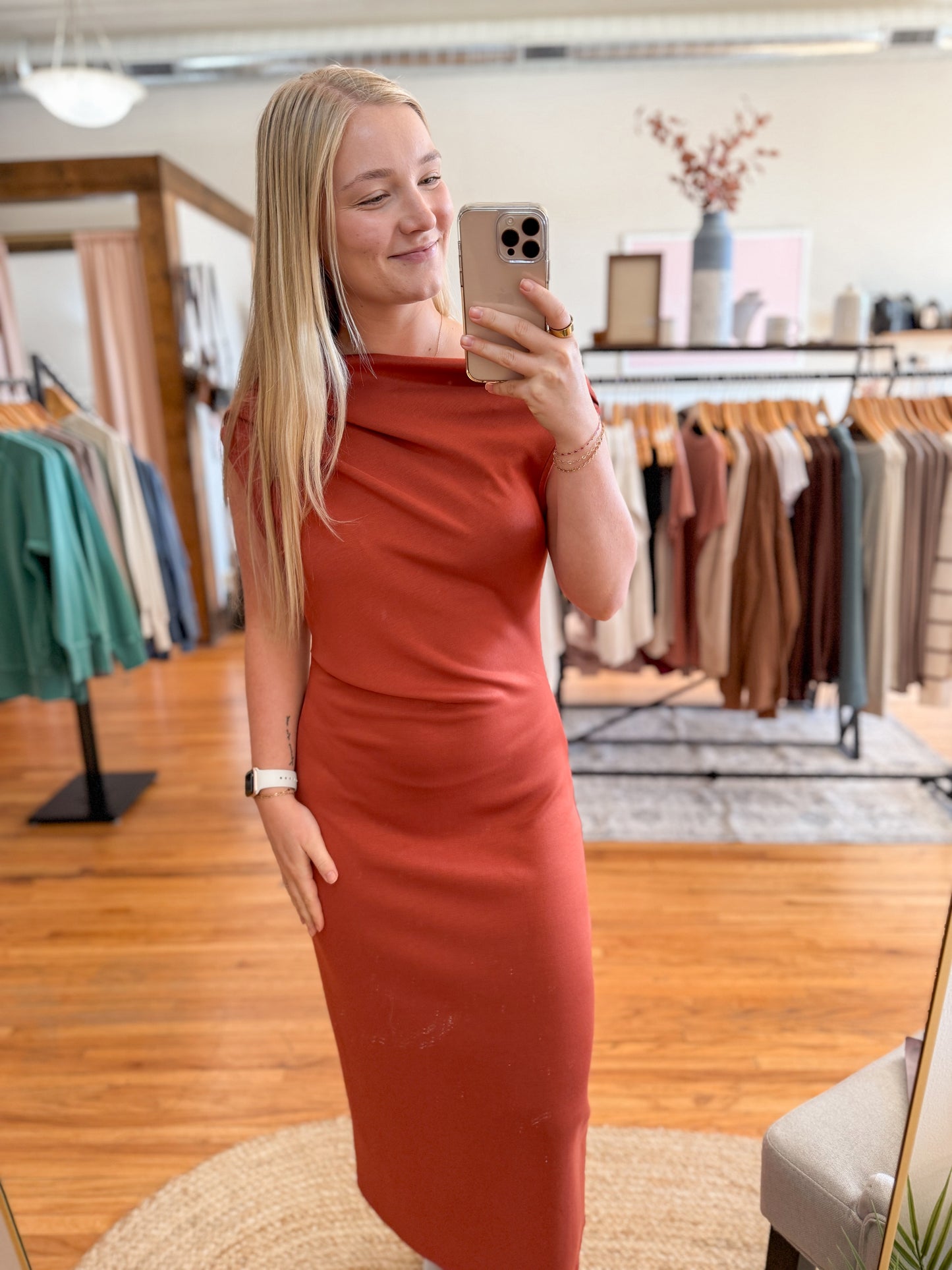 One Shoulder Smooth Midi Dress - Rust