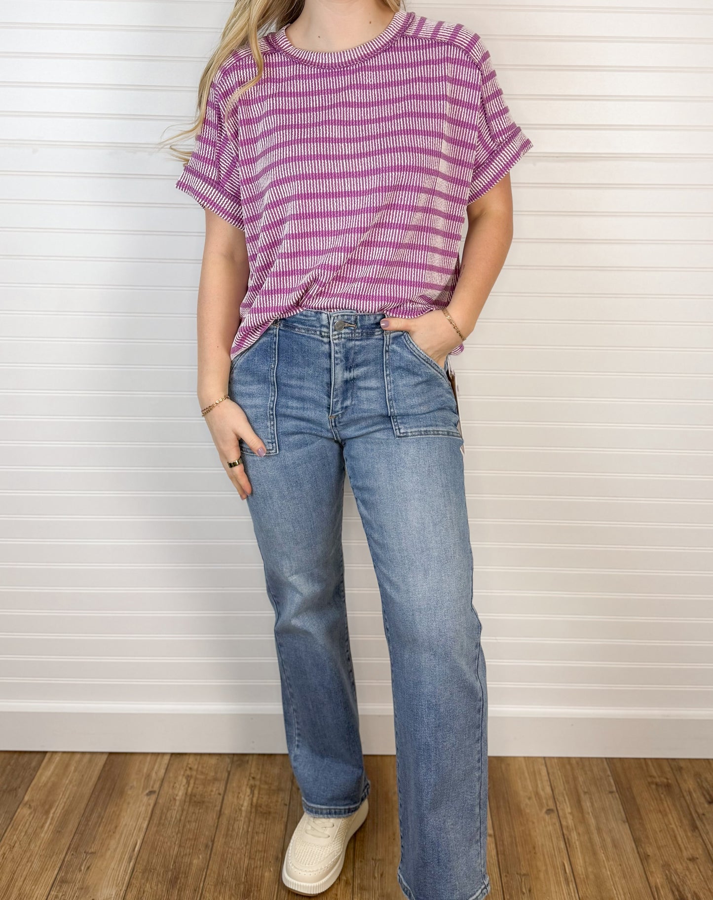 High Rise Ankle Flare Patch Denim