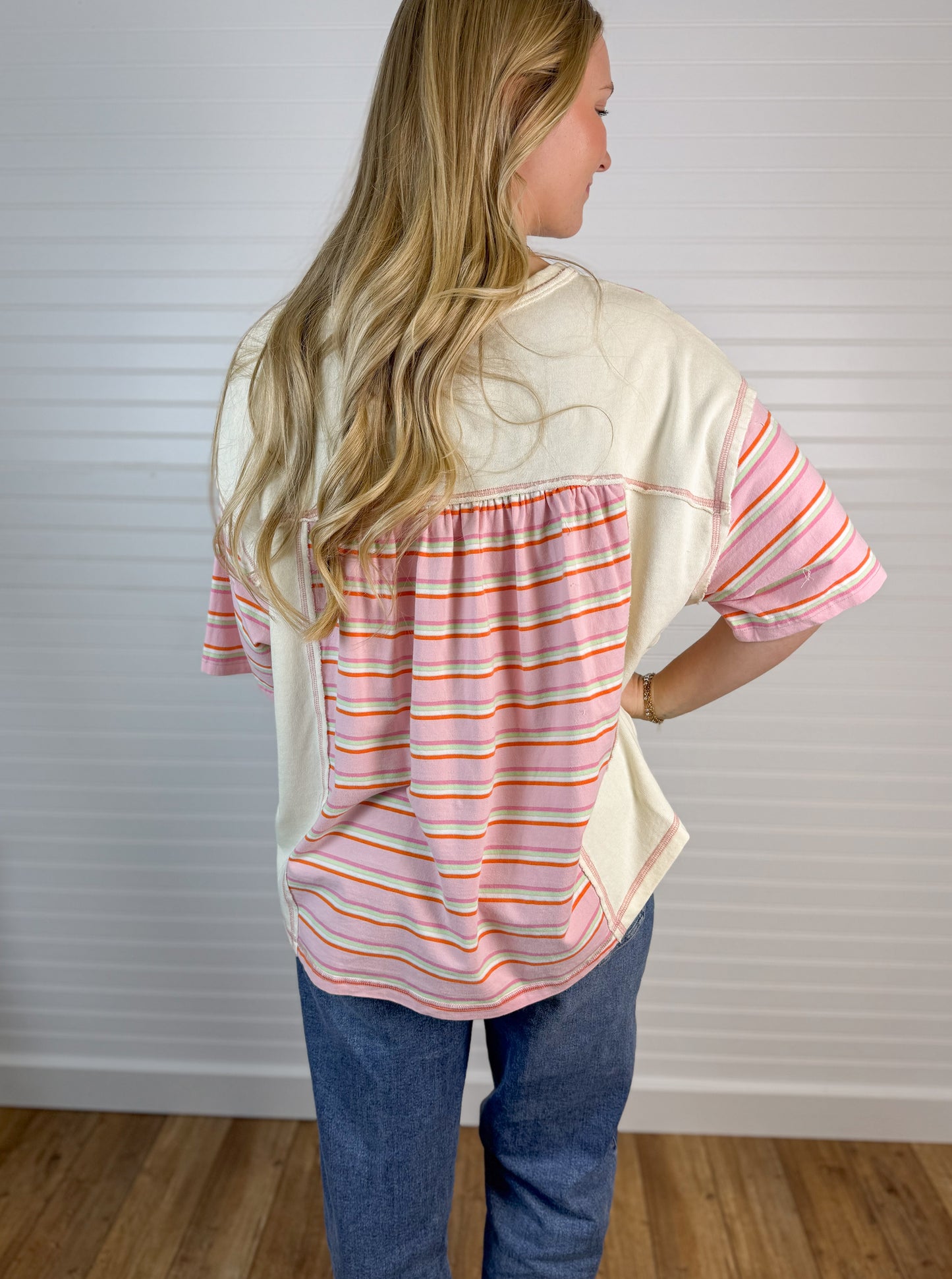 Striped Contrast Loose Fit Tee - Pink/Yellow