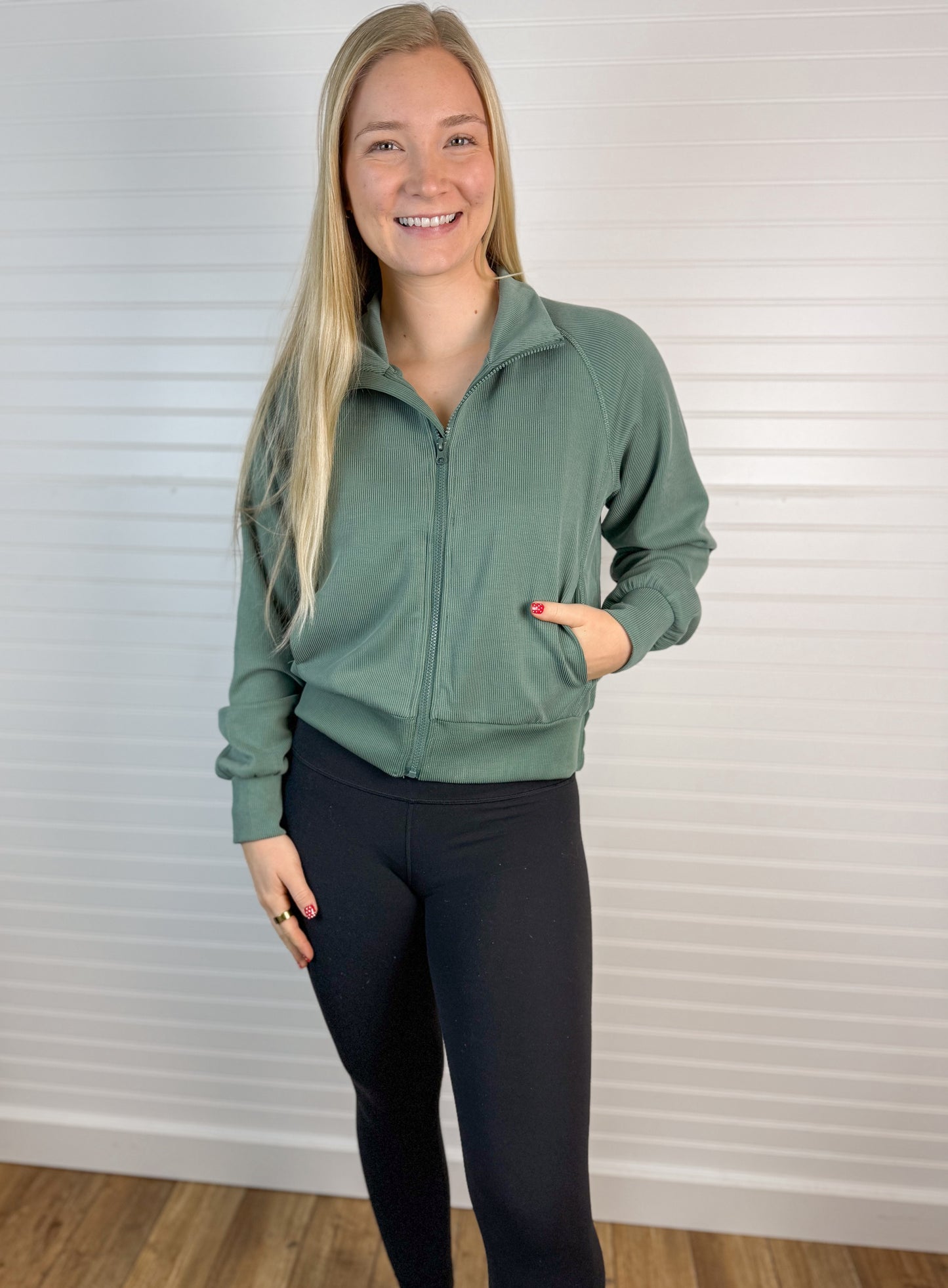 Luxe Ribbed Zip Jacket - Green