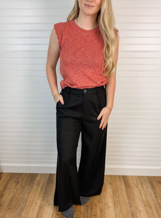 Wide Leg Linen Trouser Pants - Black