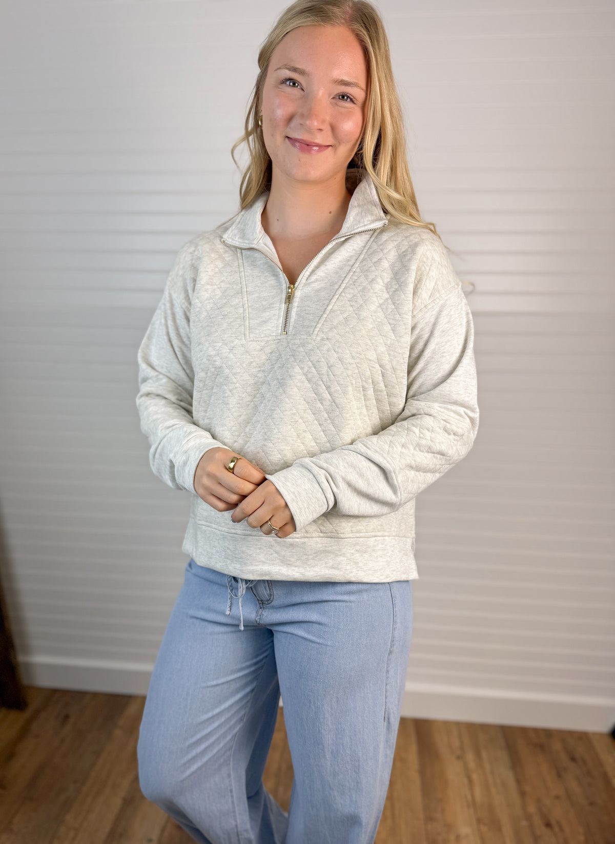 Quilted Half Zip French Terry Pullover - Heather Gray